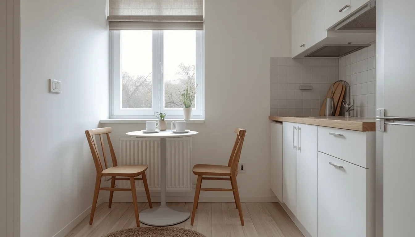 Kleine Küche mit rundem Bistrotisch für zwei am Fenster