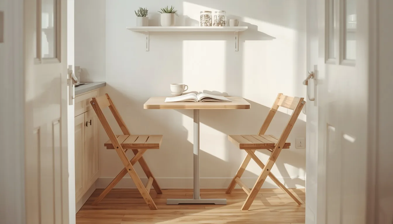 Klapptisch an der Wand einer kleinen Küche mit zwei Holzklappstühlen