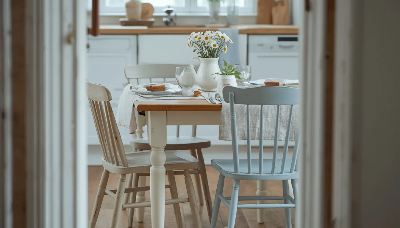 Gedeckter Frühstückstisch mit gemischten Stühlen in Holz und Blau