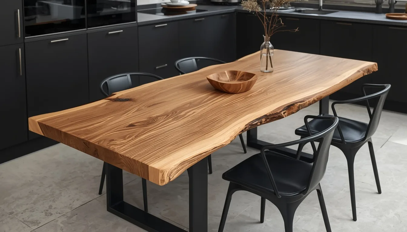Massivholztisch aus Eiche mit Baumkante und schwarzen Metallstühlen