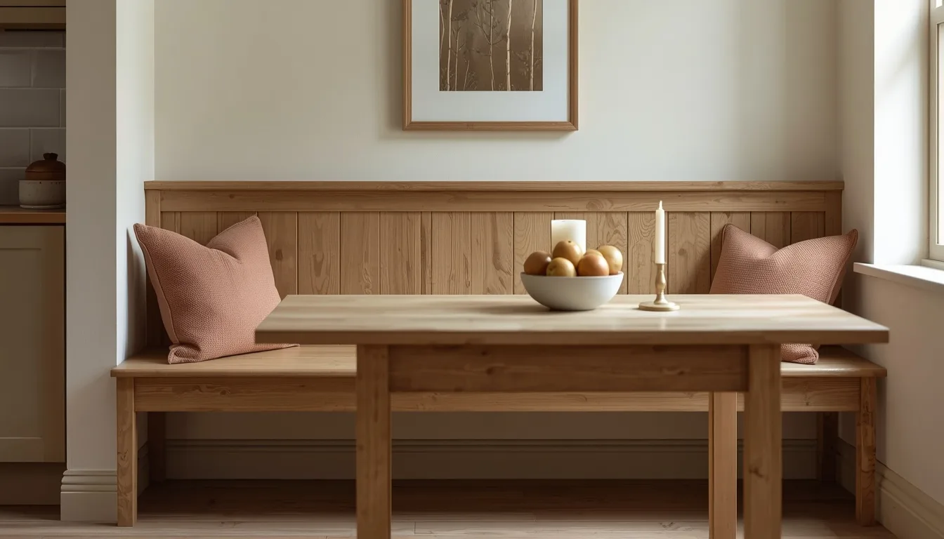 Sitzbank mit Leinenkissen in Clay und Creme an der Küchenwand