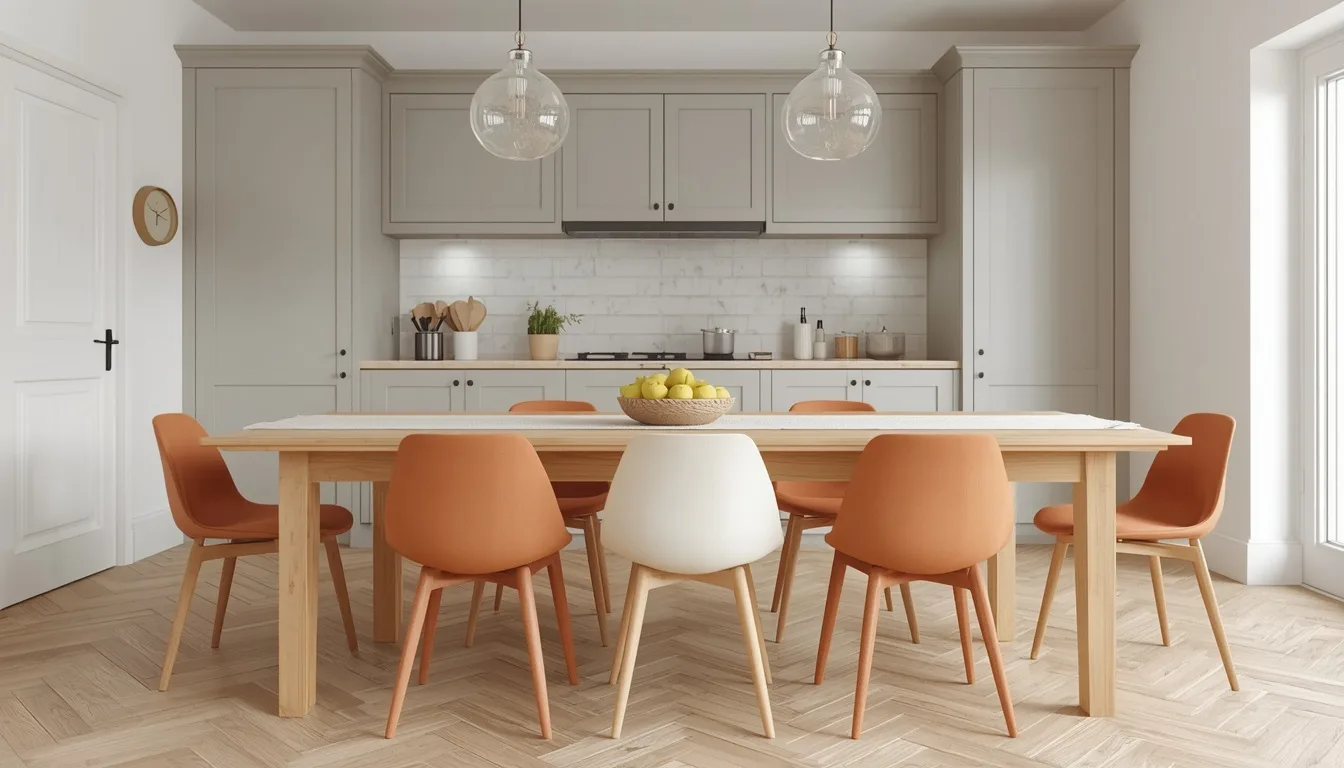 Esstisch aus heller Eiche mit sechs Stühlen in Creme und Clay im Wechsel