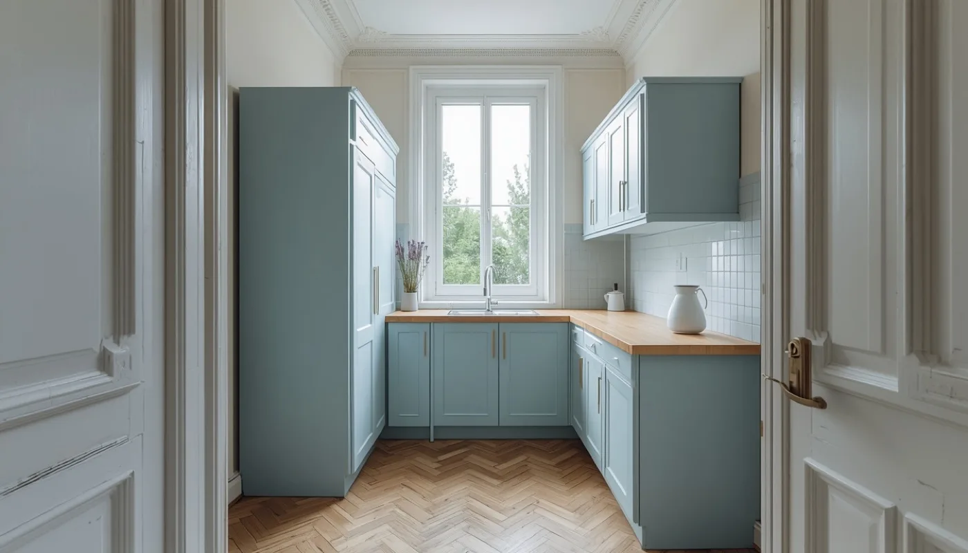 Kleine Küche im Altbau mit Parkettboden