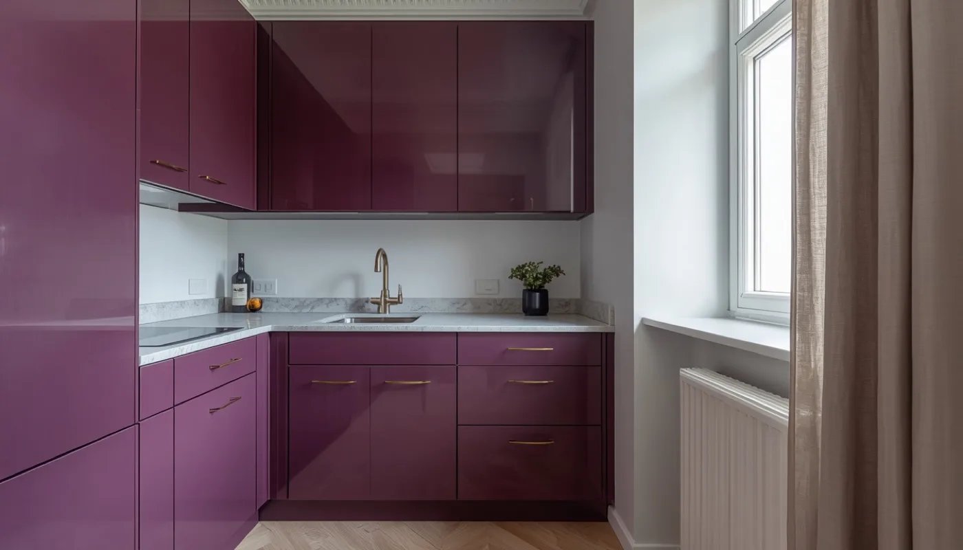 Kleine Küche in Aubergine und Lila