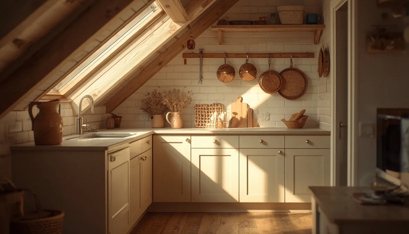 Gemütliche kleine Küche unter der Dachschräge mit Holzbalken