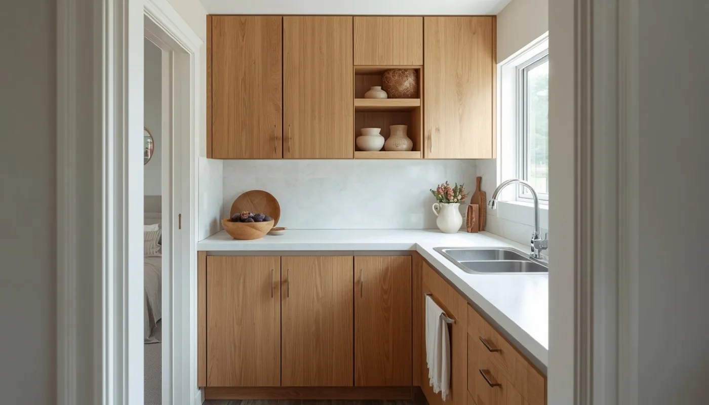 Kleine Küche mit Holzfronten