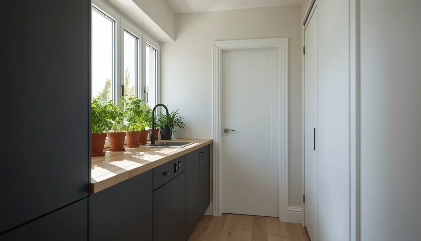 Kleine Küche mit Kräutern und Fenster