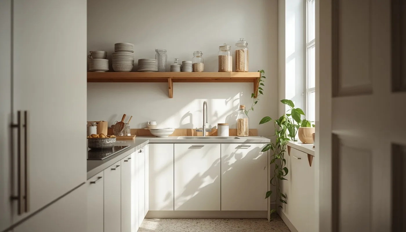 Kleine Küche in Weiß mit schmalem Grundriss und Küchenzeile