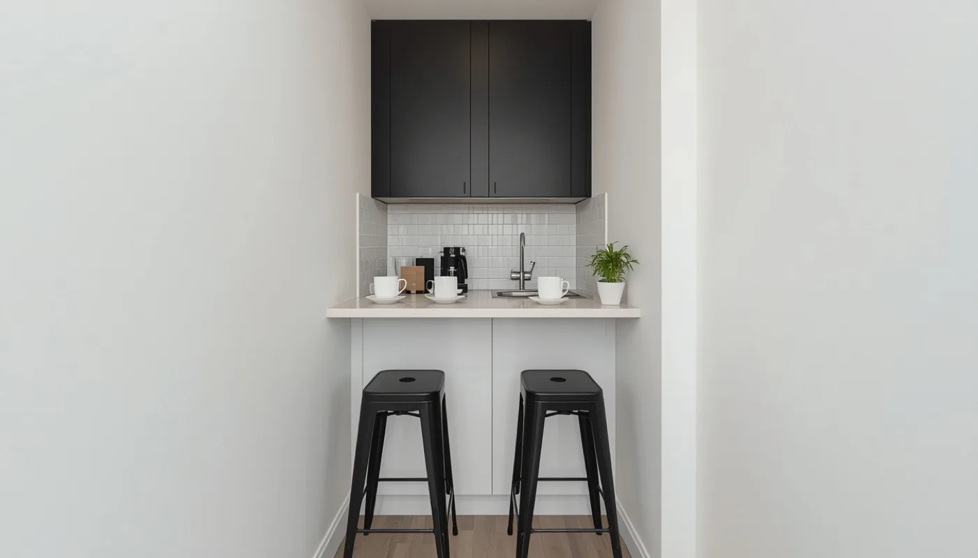 Kleine Küche in Schwarz mit Frühstückstheke