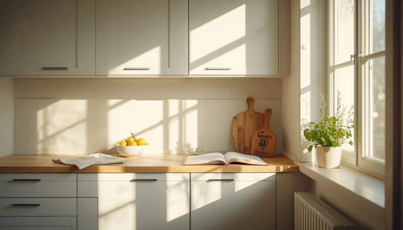 Kleine Küche in Weiß mit Holz