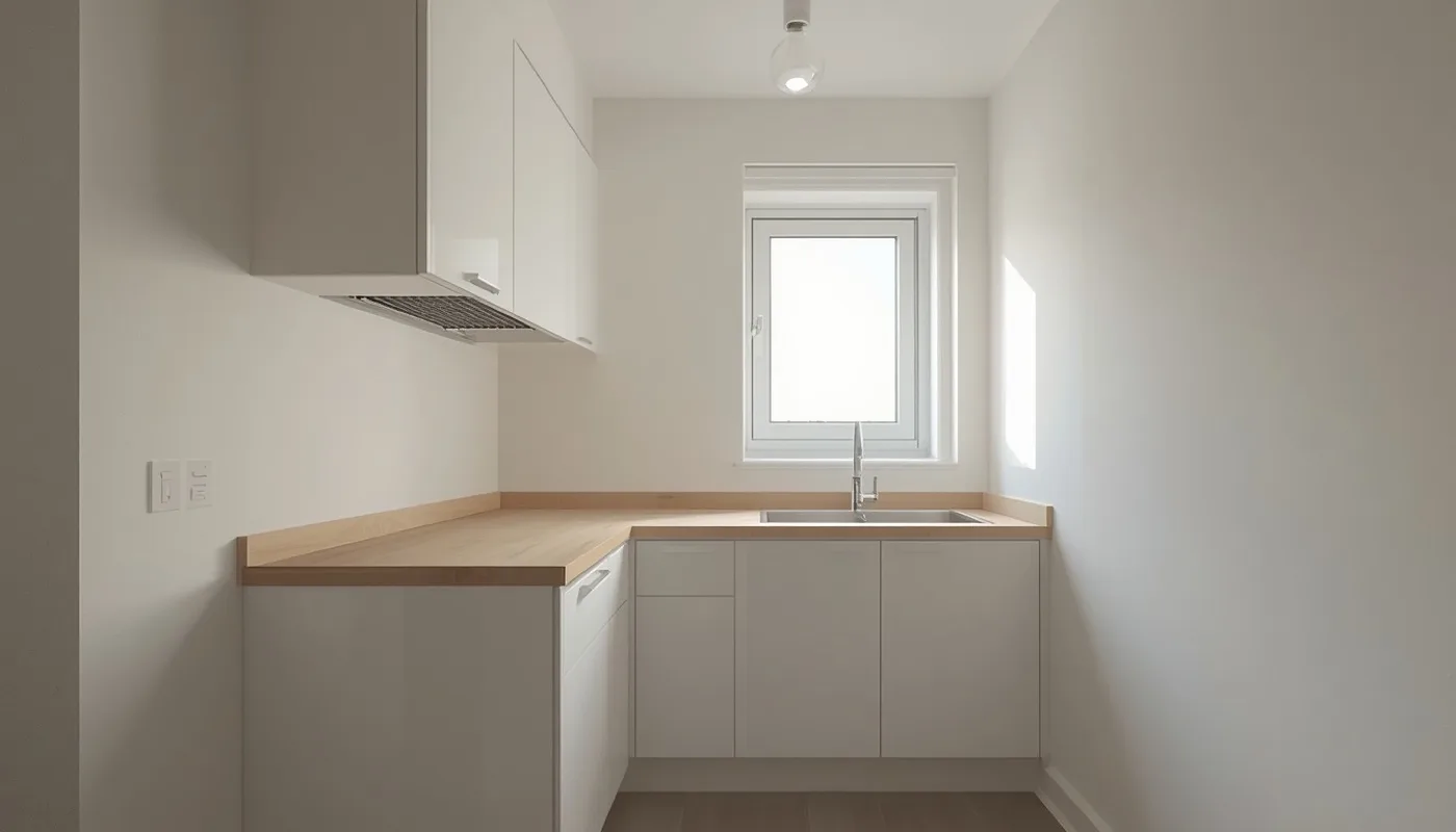 Kleine Küche in Weiß mit Holz und L-Form