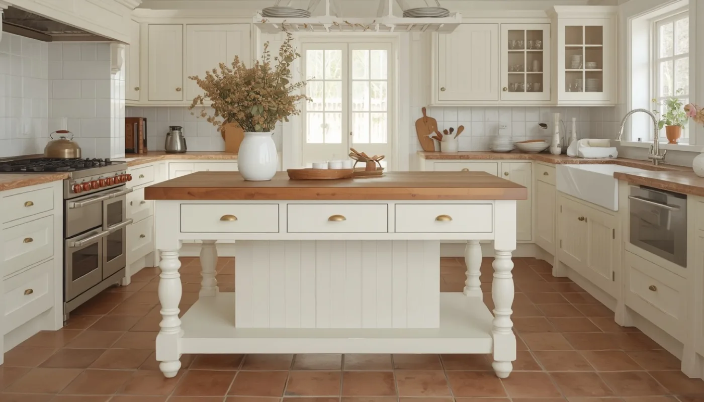 Kochinsel im Landhausstil mit Holzplatte