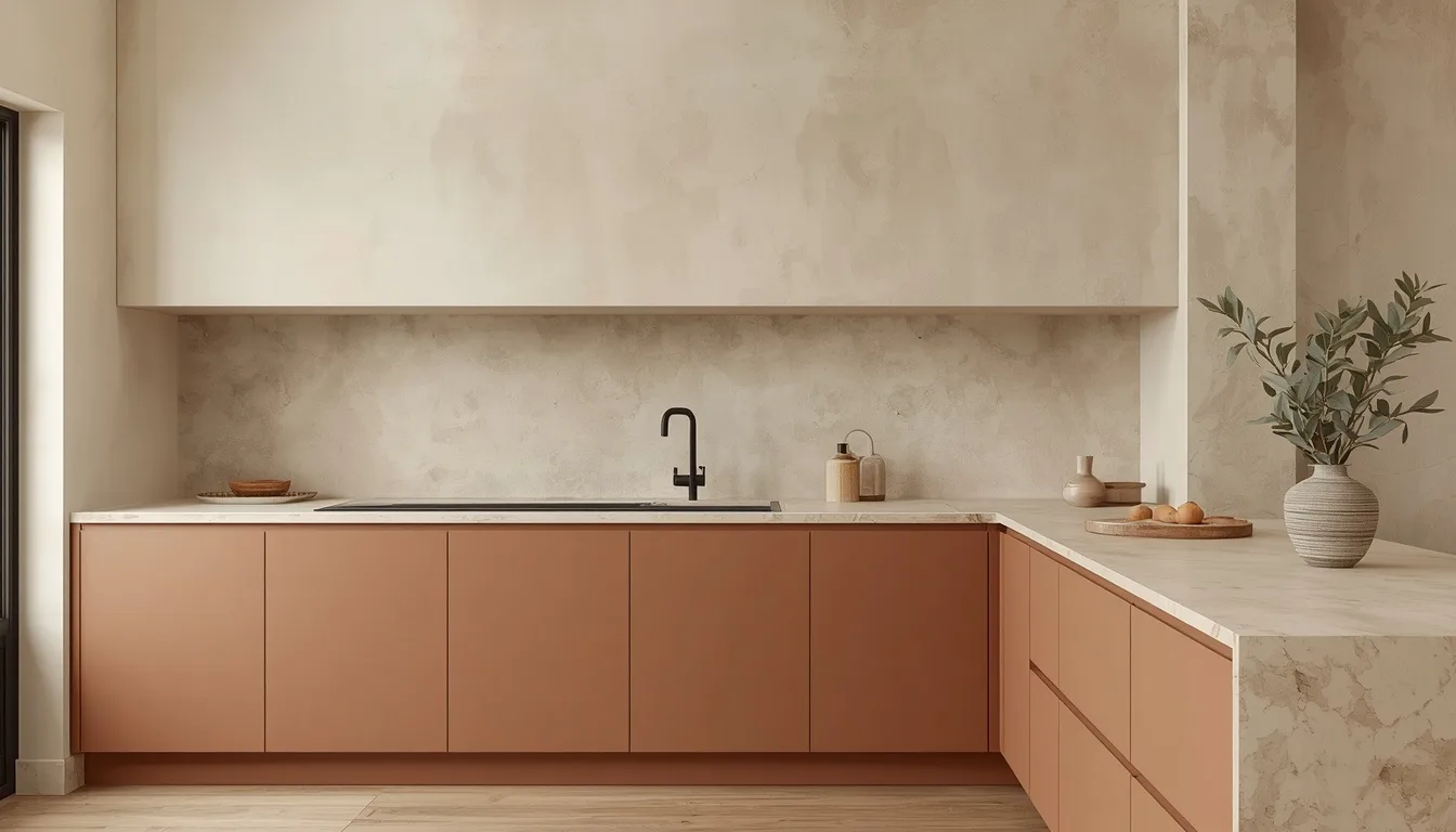 Kalkputzwand in warmem Beige über tonfarbenen grifflosen Fronten