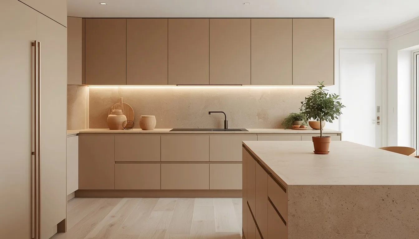 Sandbeige Küche mit Naturstein-Arbeitsplatte