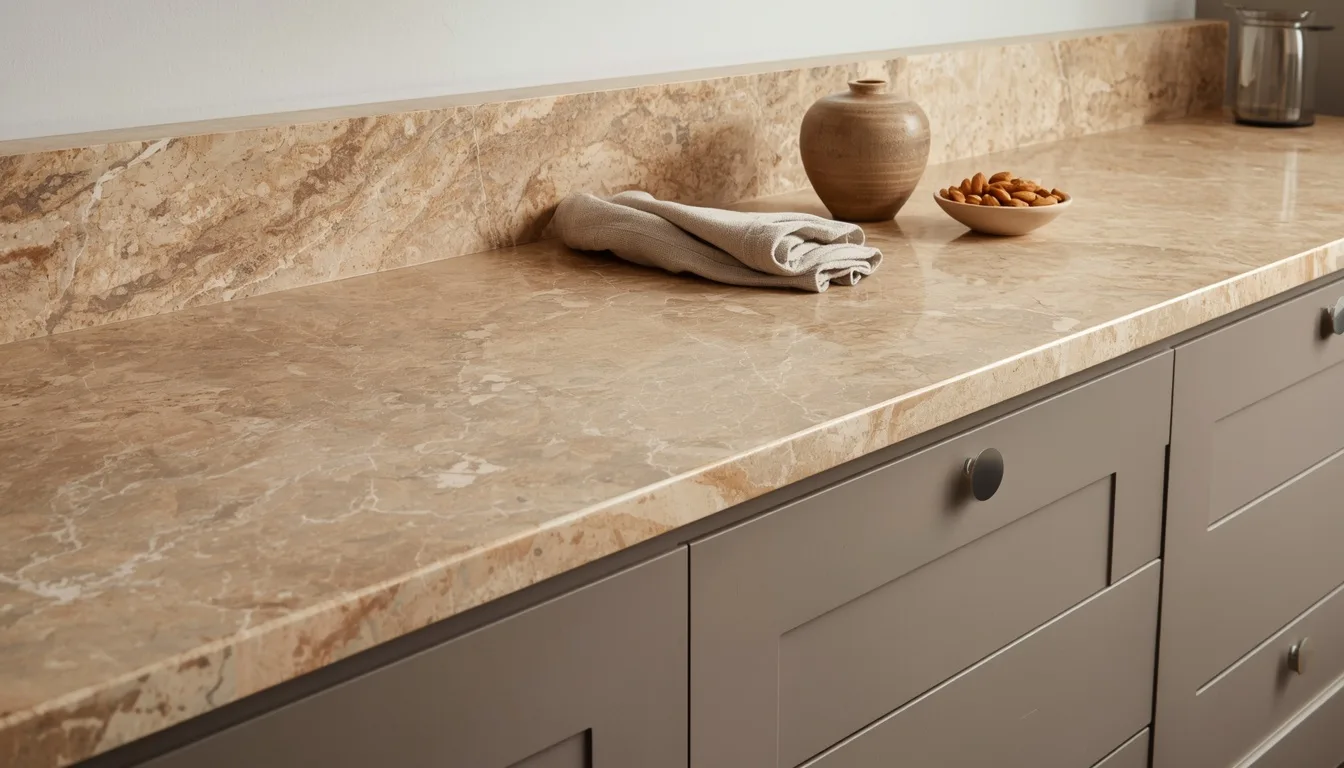 Travertin-Arbeitsplatte in warmem Beige über Fronten in Taupe
