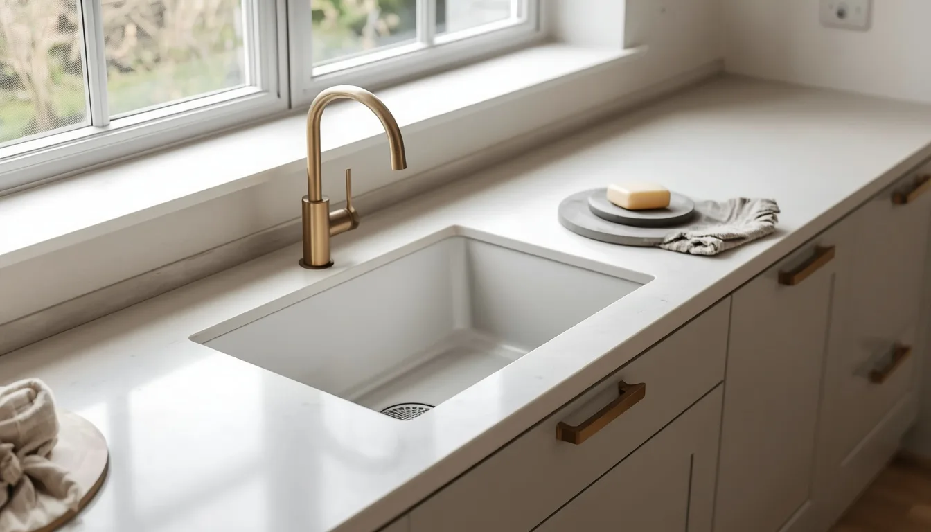 Arbeitsplatte mit flächenbündig integrierter Spüle aus dem gleichen Material