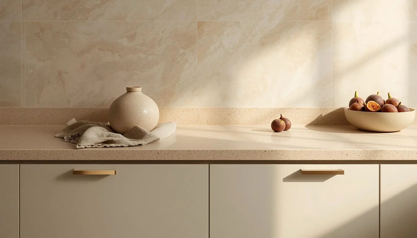 Quarzstein-Arbeitsplatte in warmem Beige statt kaltem Weiß