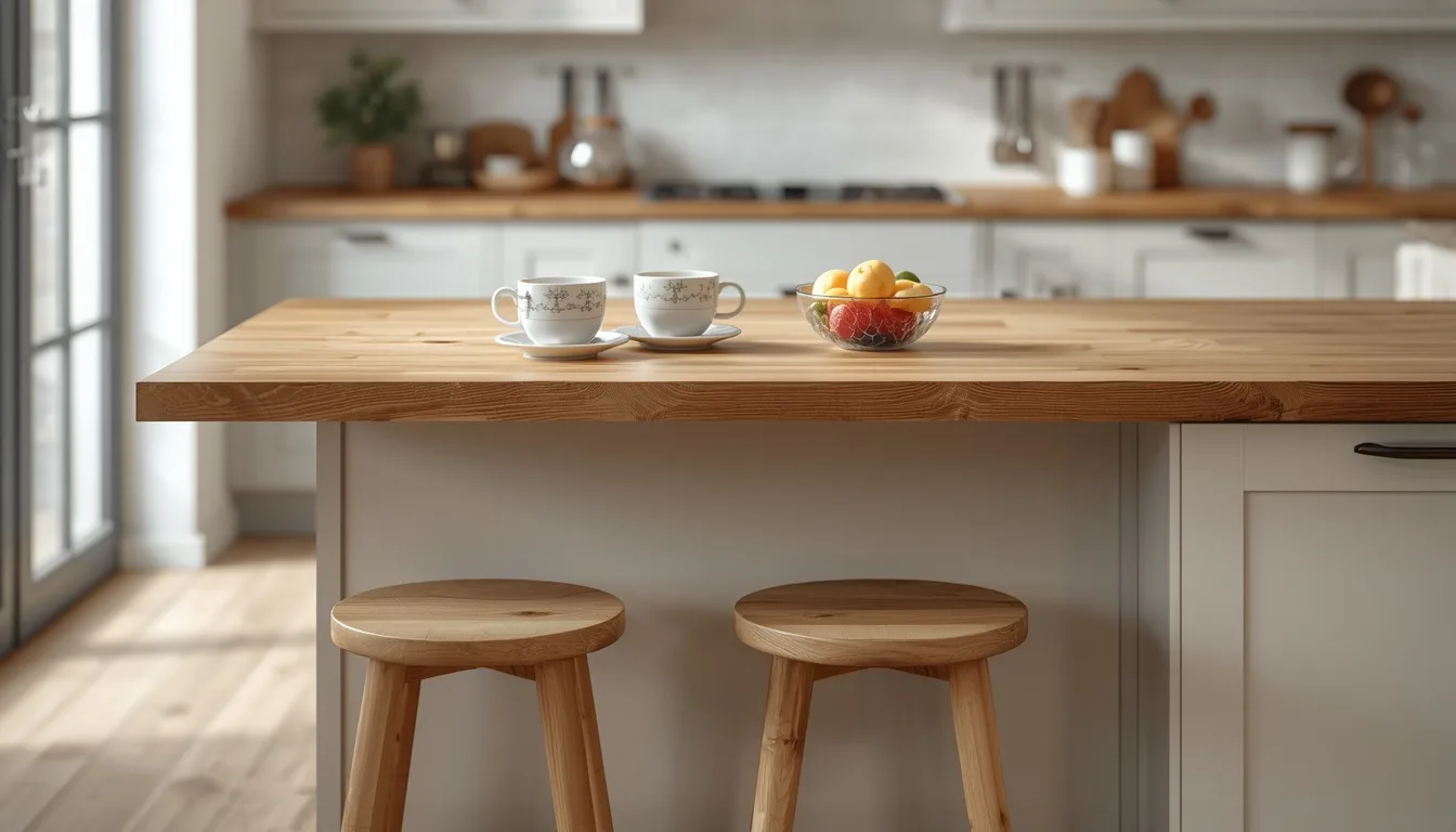 Arbeitsplatte als Theke verlängert mit Sitzplatz an der Stirnseite