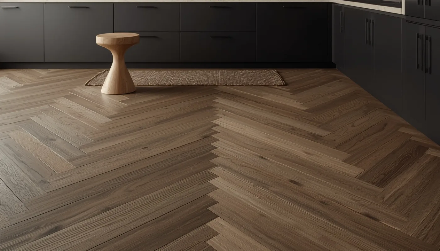 Chevron-Parkett in dunkler Eiche
