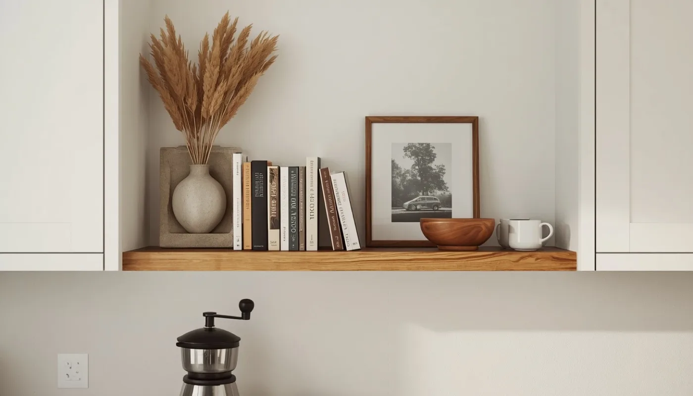 Küchenregal mit Kochbüchern und Deko