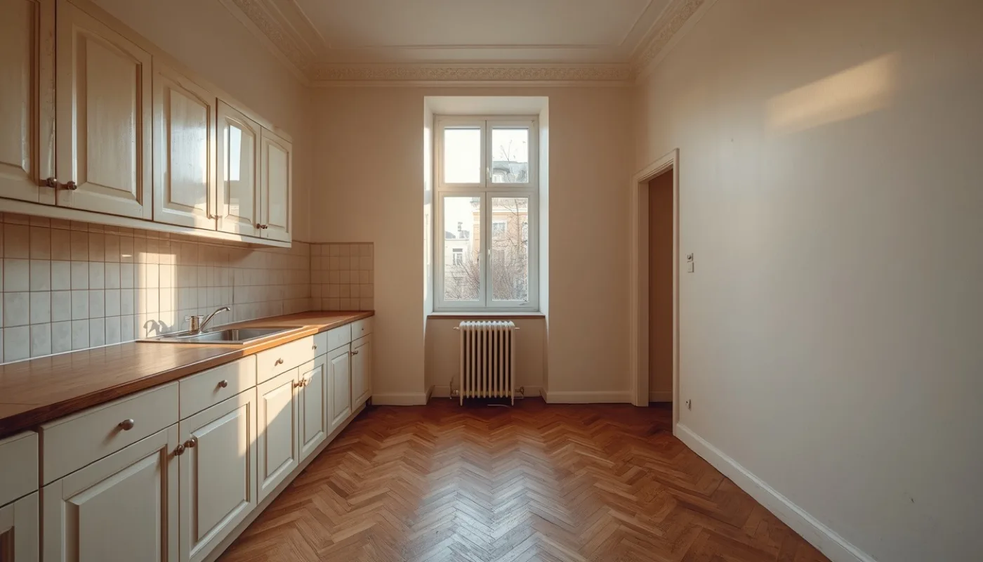 Landhausküche im Altbau mit hohen Decken