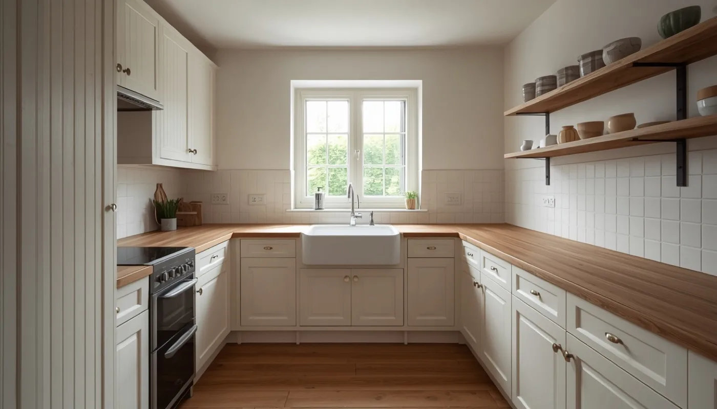 Landhausküche in Creme mit Kassettenfronten und Eichenarbeitsplatte