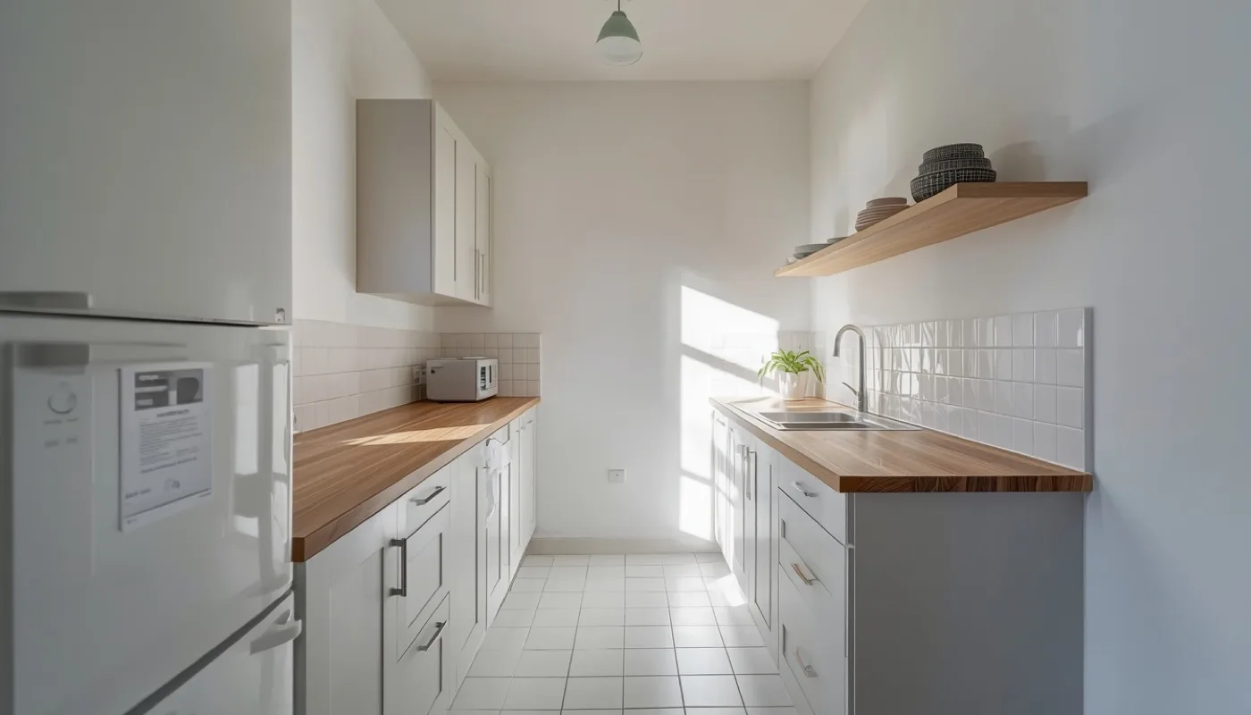 Kleine Landhausküche in Grau in einer Wohnung