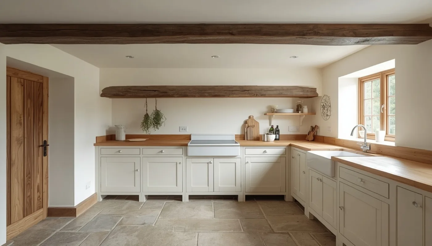 Landhausküche mit Holzbalken an der Decke