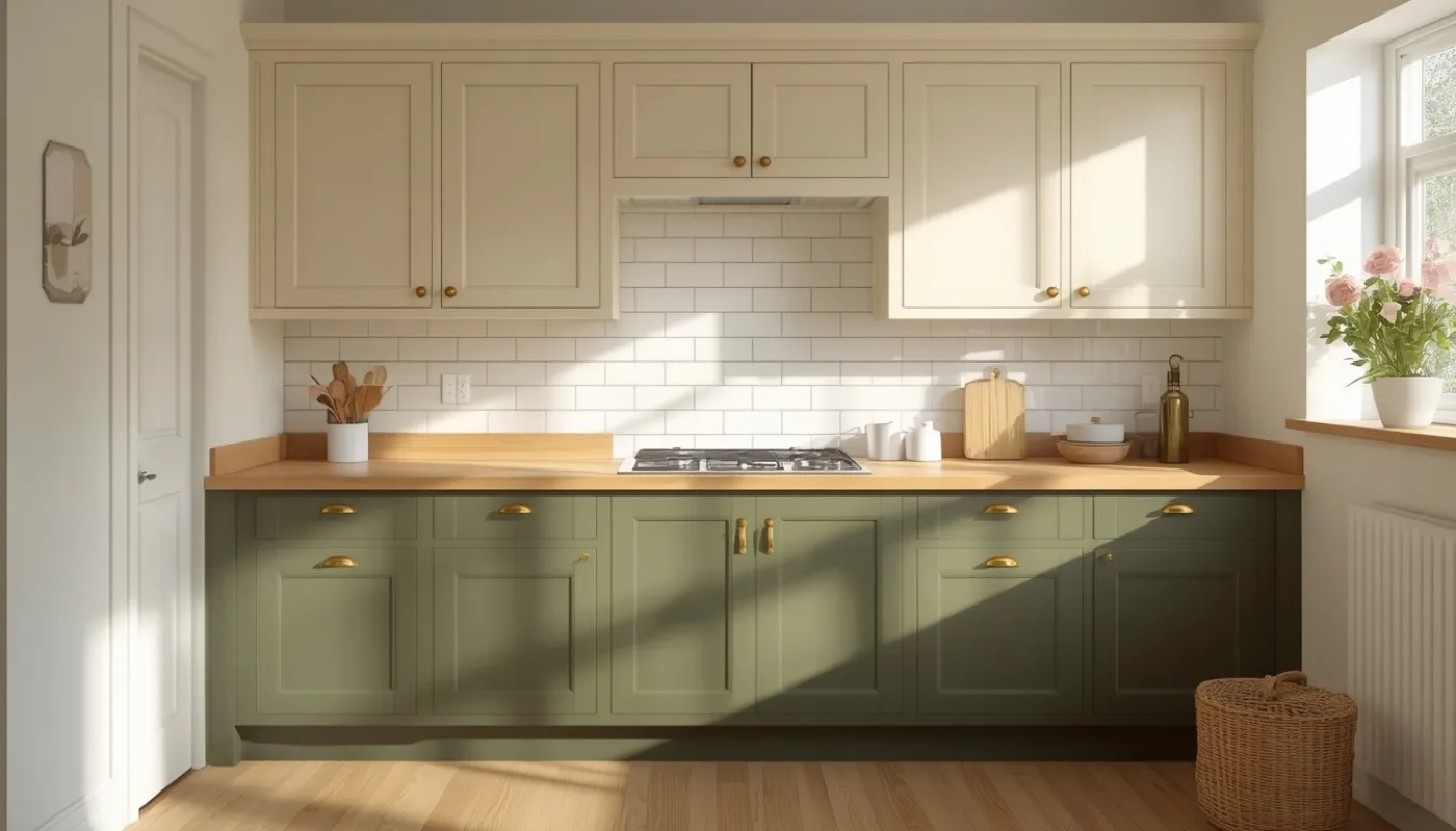 Zweifarbige Landhausküche in Creme und Oliv