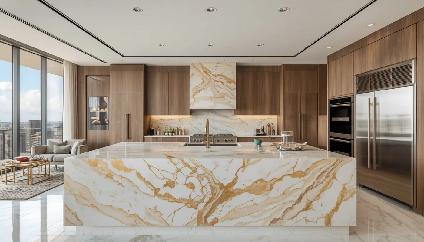 Luxusküche in Gold und Weiß mit Marmor