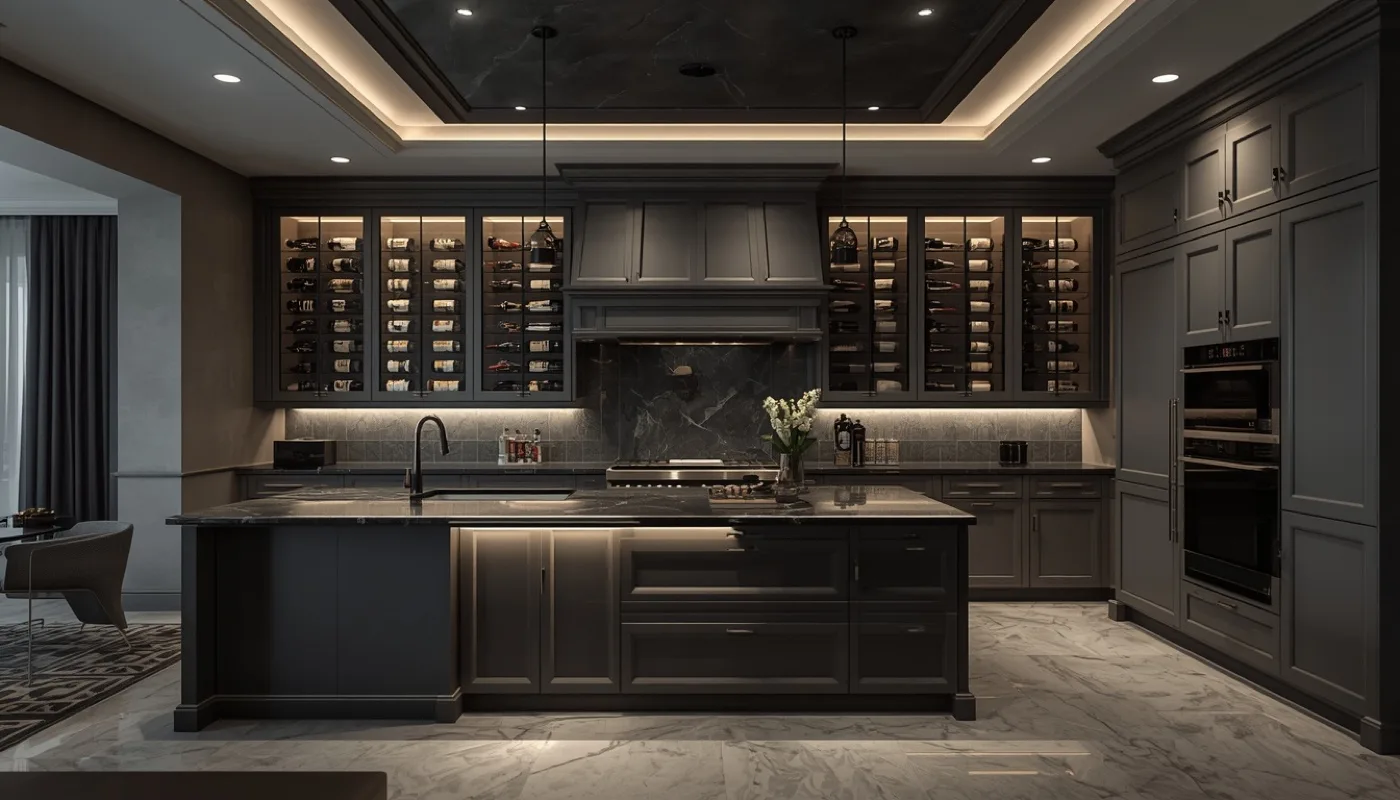 Luxusküche in Grau mit Weinschrank und Einbauschrank