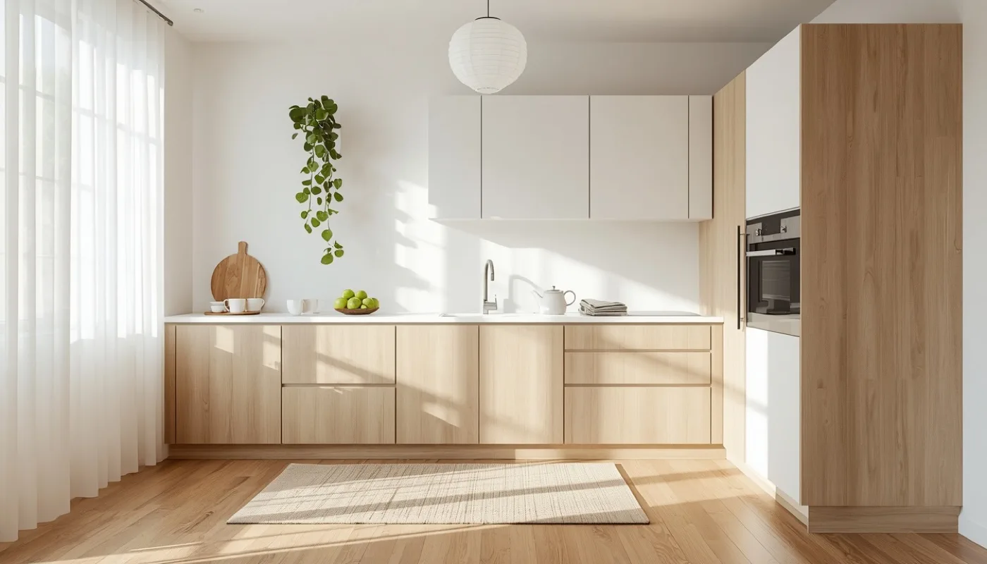Minimalistische Küche in Weiß kombiniert mit Eiche