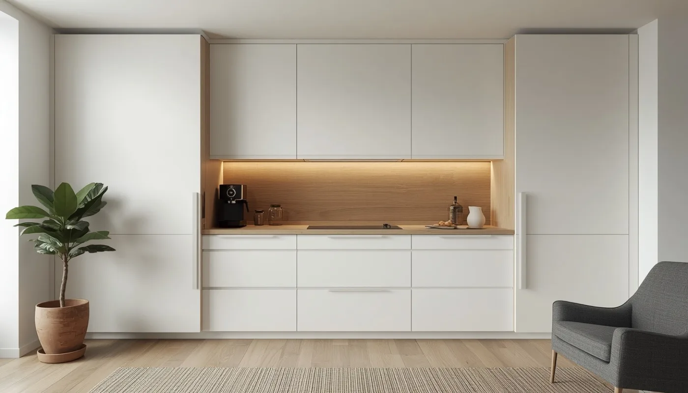 Minimalistische Küche hinter Schiebetüren verborgen