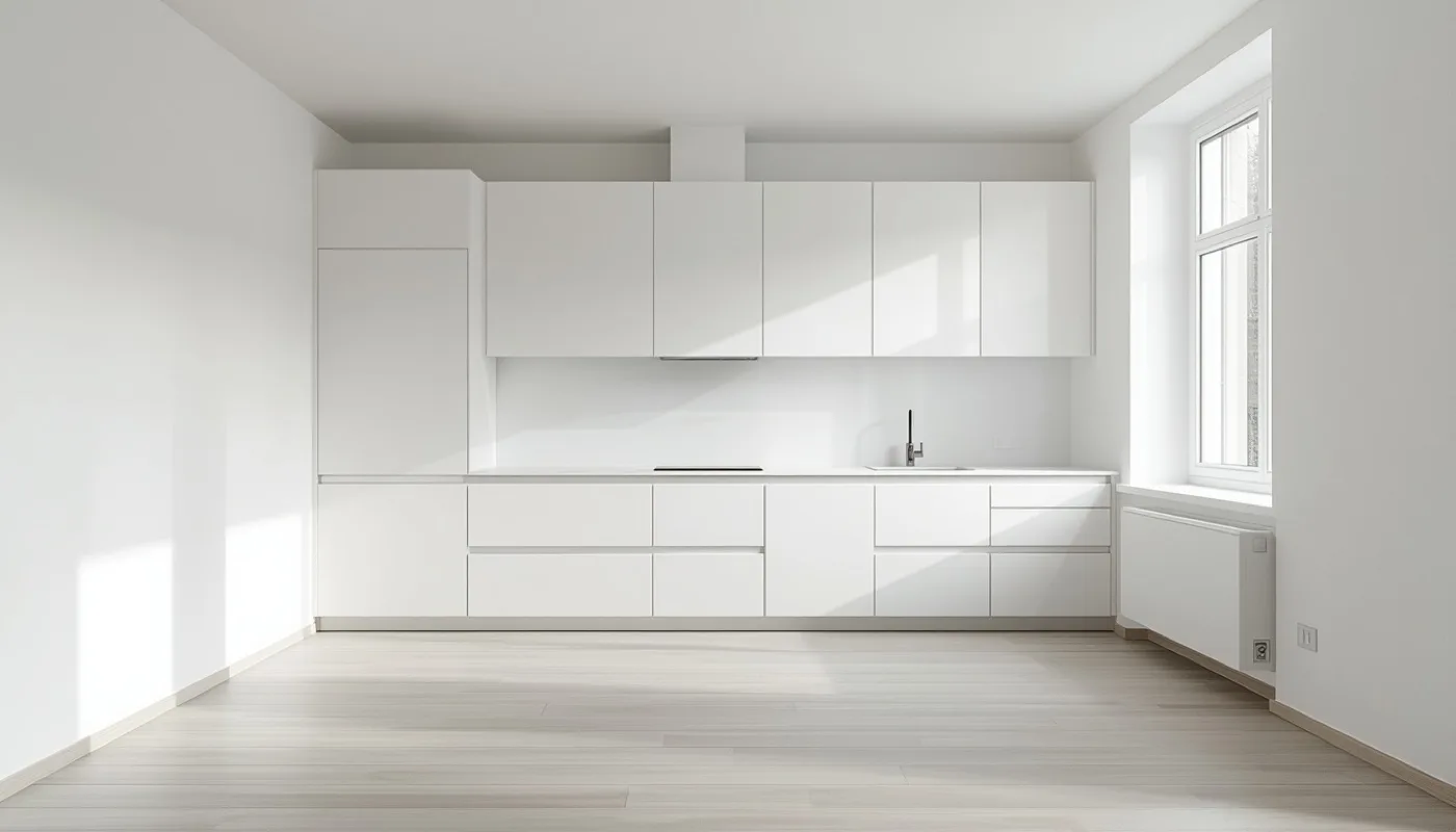 Leere minimalistische Küche in Weiß ganz ohne Dekoration