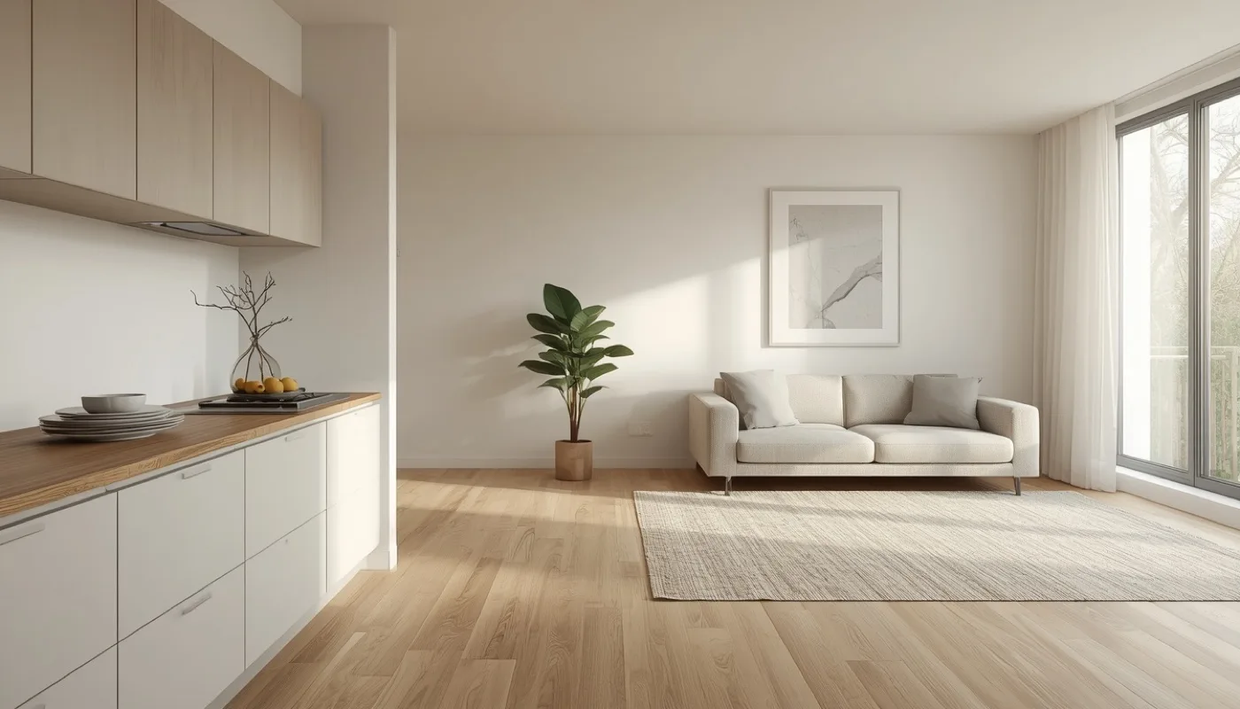 Minimalistische Küche offen zum Wohnbereich