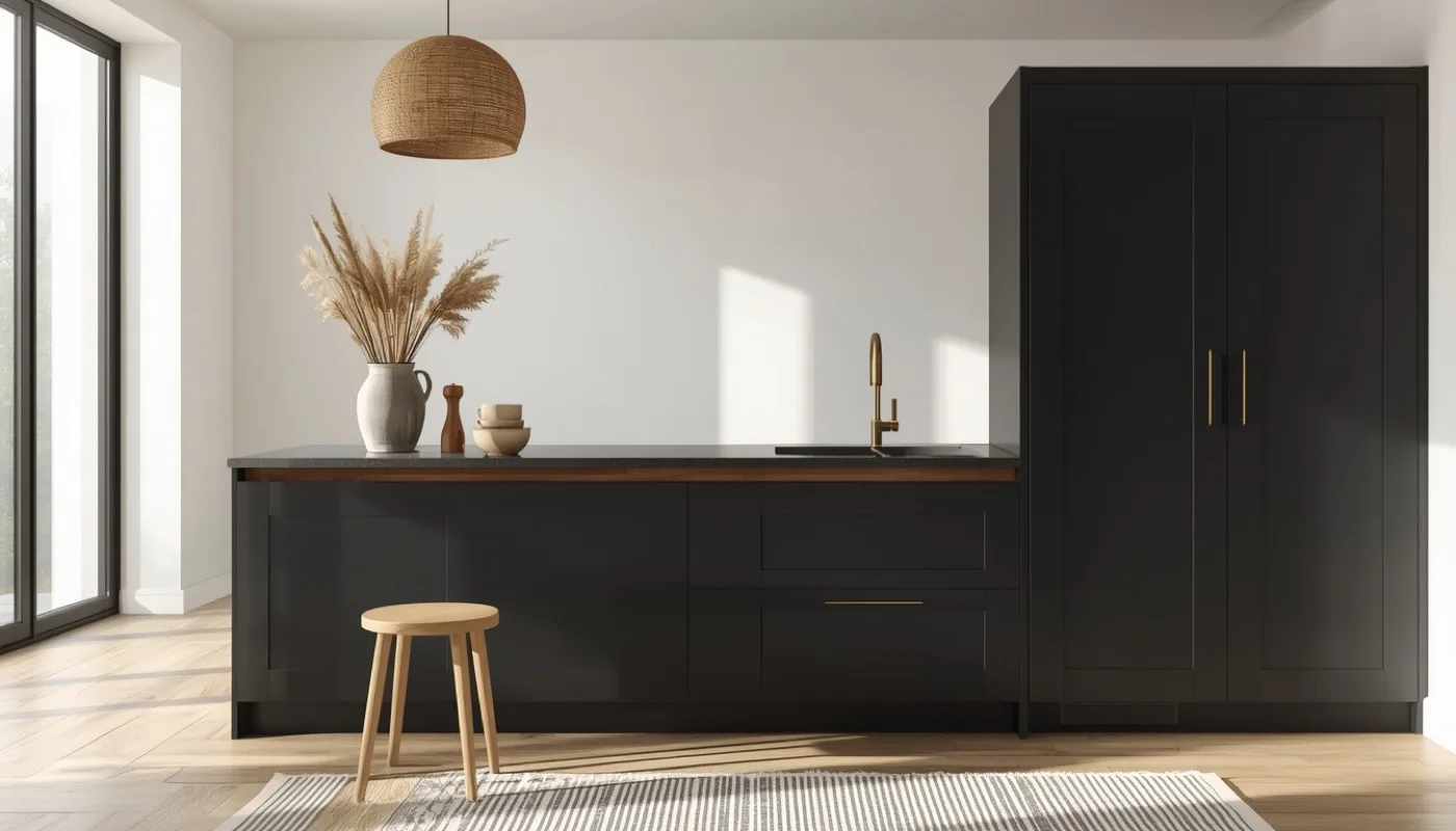 Minimalistische Küche in mattem Schwarz mit Holzakzenten
