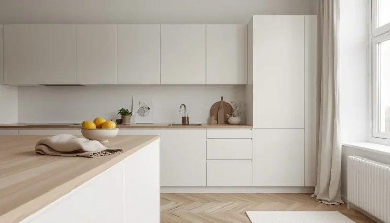 Minimalistische Küche in Weiß mit grifflosen Fronten und Holzarbeitsplatte