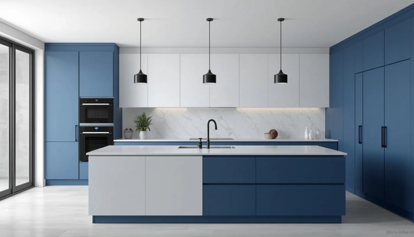 Moderne Küche in Blau, Weiß und Schwarz