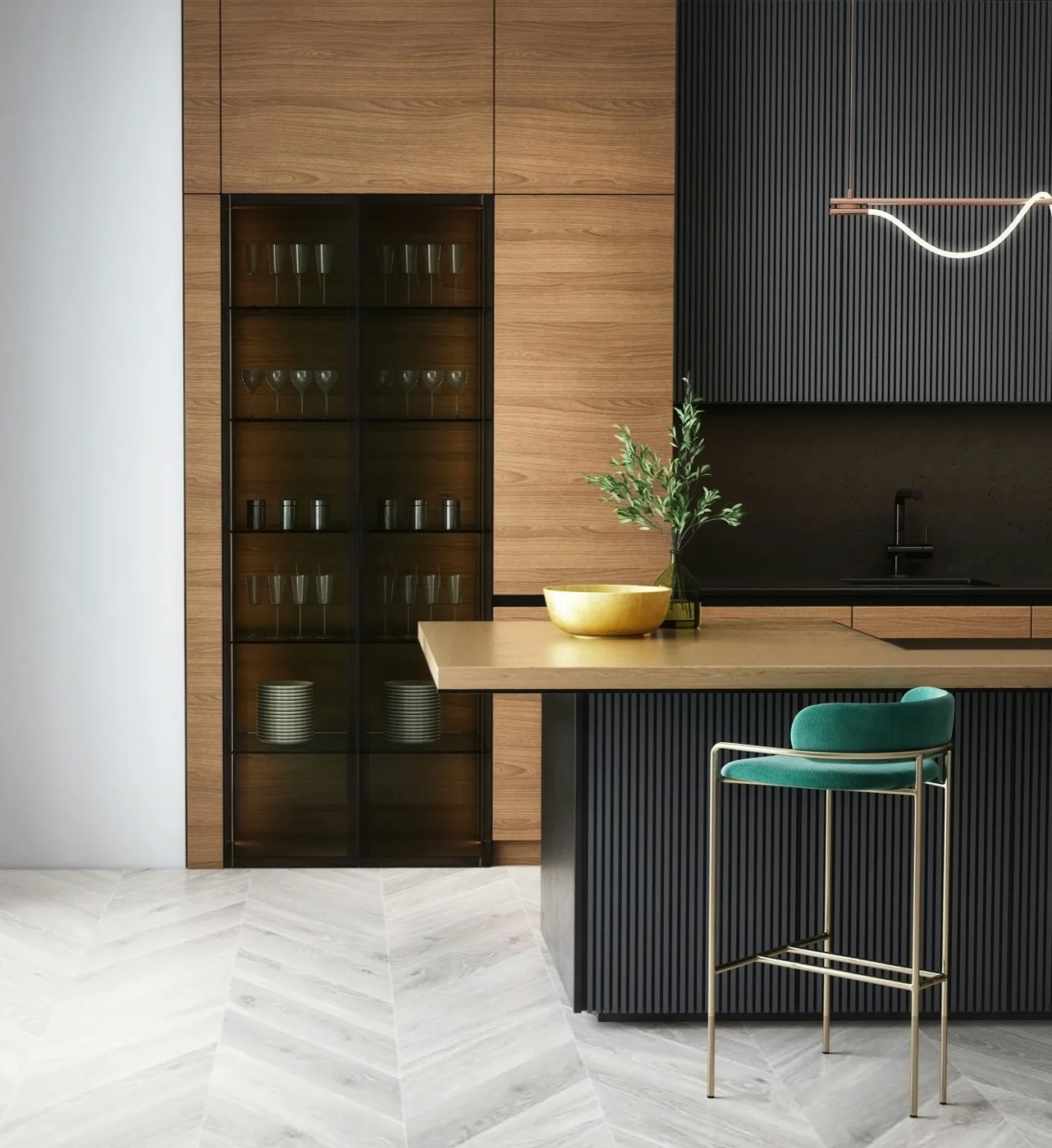 Moderne Küche in Schwarz mit Holz