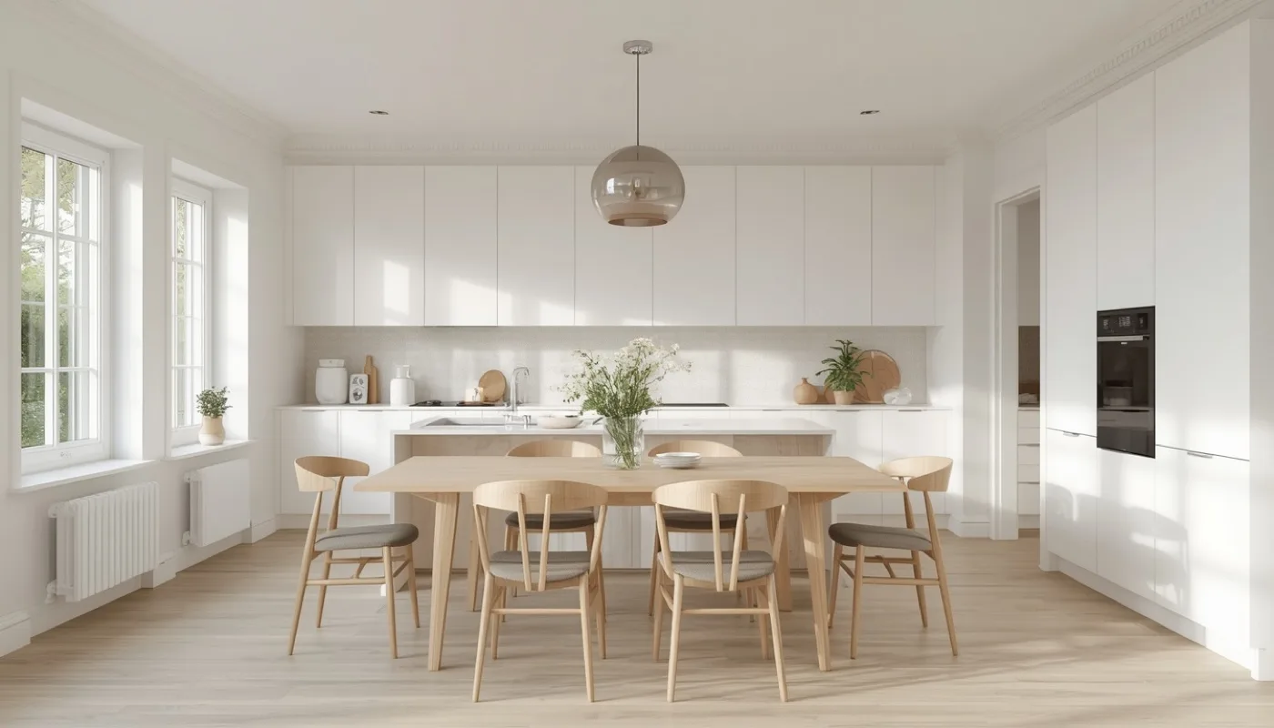 Moderne Küche in Weiß mit Holz und Essbereich