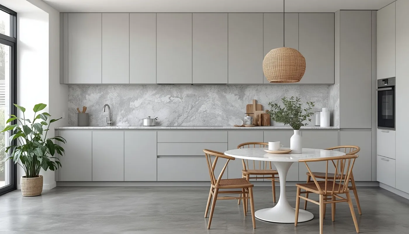 Skandinavische Küche in Grau mit Granit und Essbereich