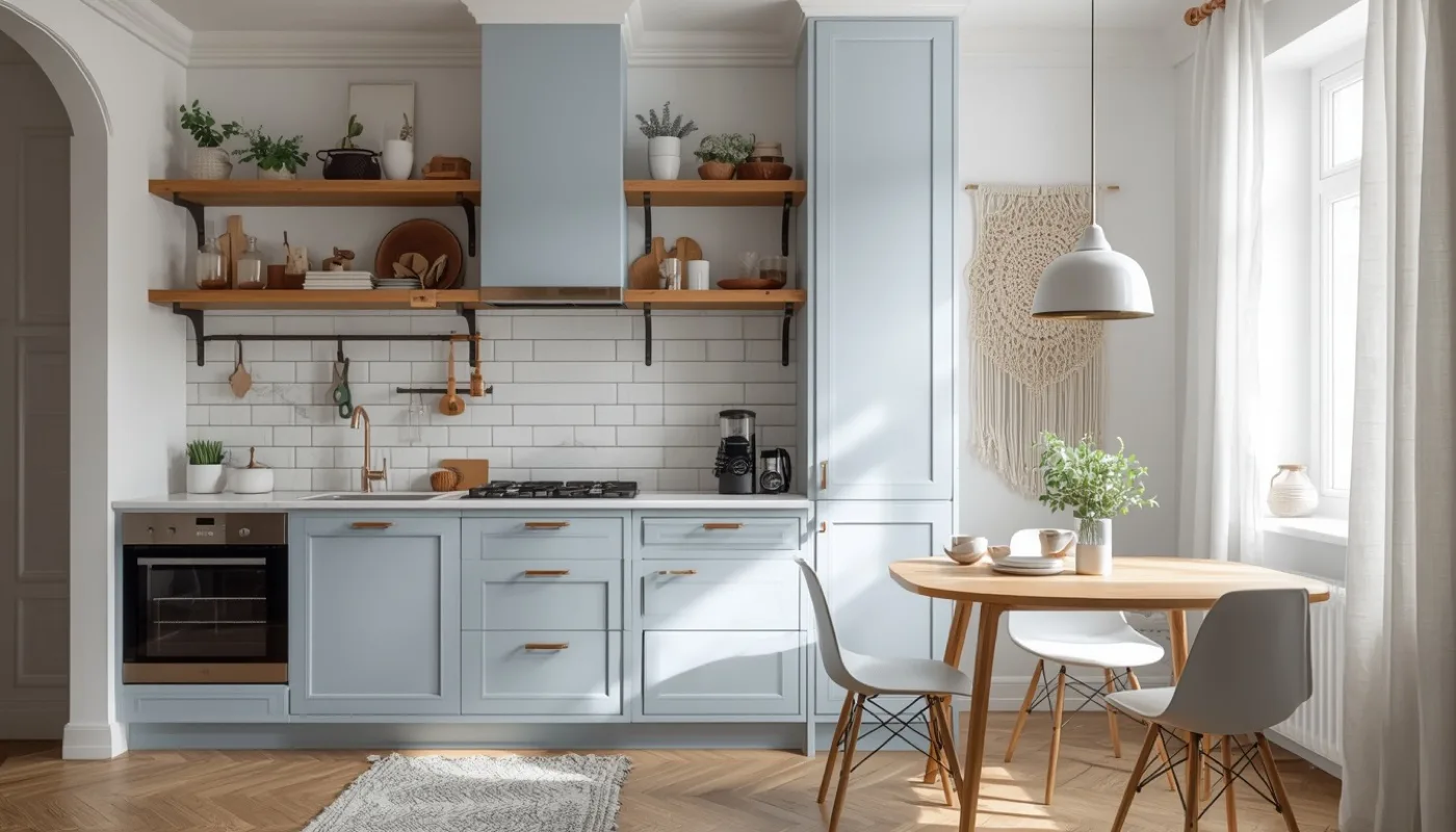 Skandinavische Küche in Blau mit zarten Tönen, Kiefernholz und Essbereich