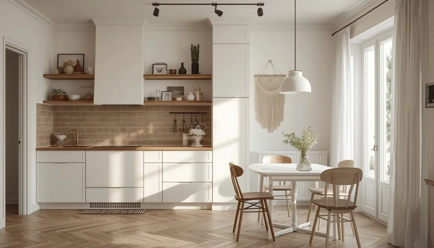 Skandinavische Küche in Weiß mit zarten Tönen, Holz und Essbereich
