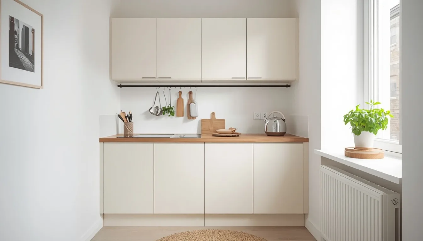 Kleine Küche mit Reling und Bild an der Wand, die Arbeitsplatte bleibt frei