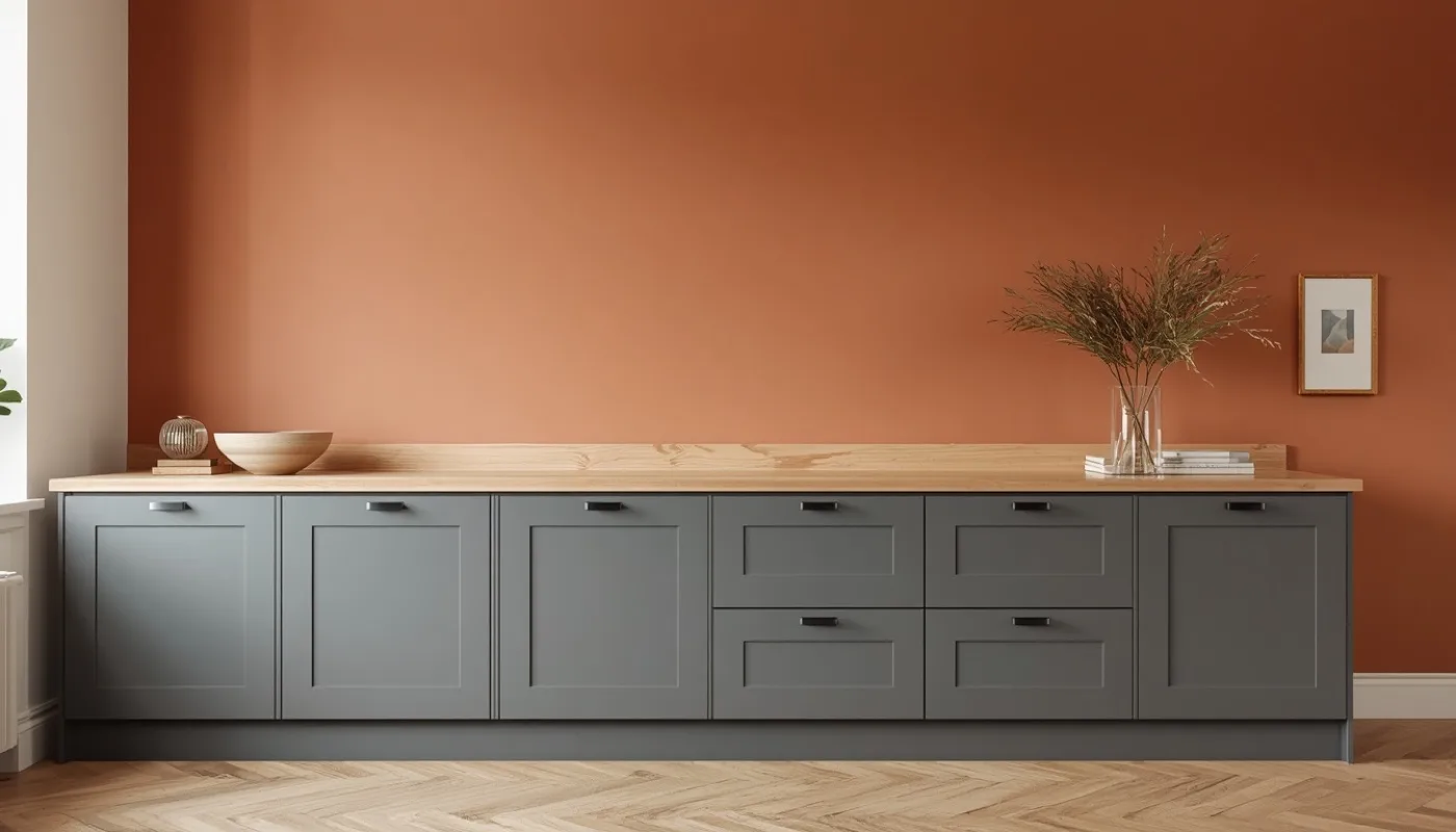 Graue Küche mit farbig gestrichener Wand