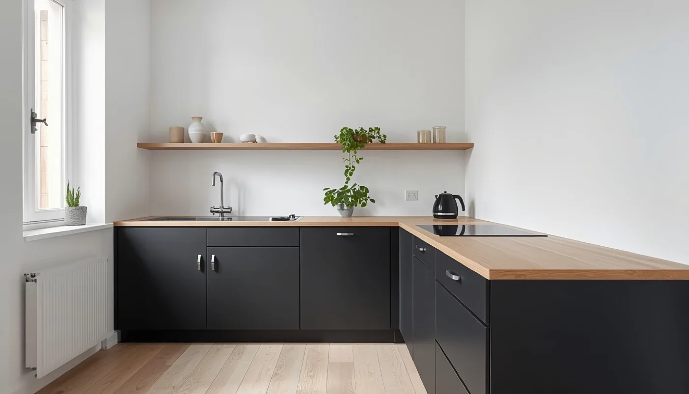 Kleine schwarze Küche mit heller Rückwand