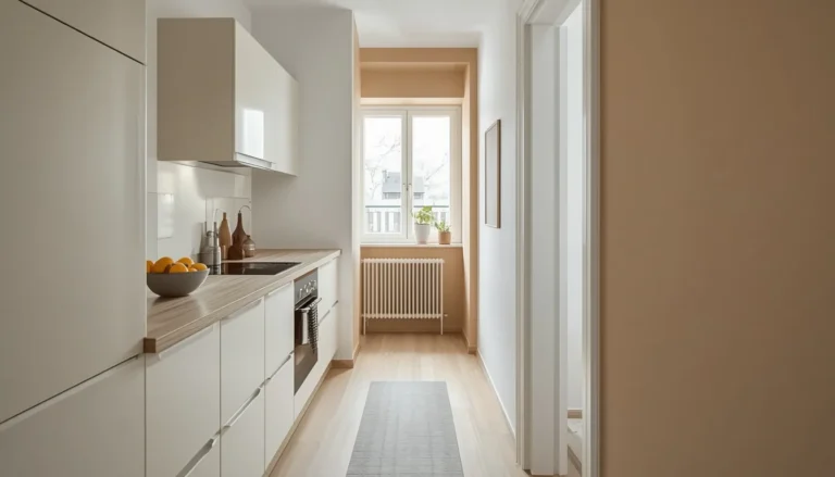 Schmale Küchenzeile mit Fenster am Ende des Raums