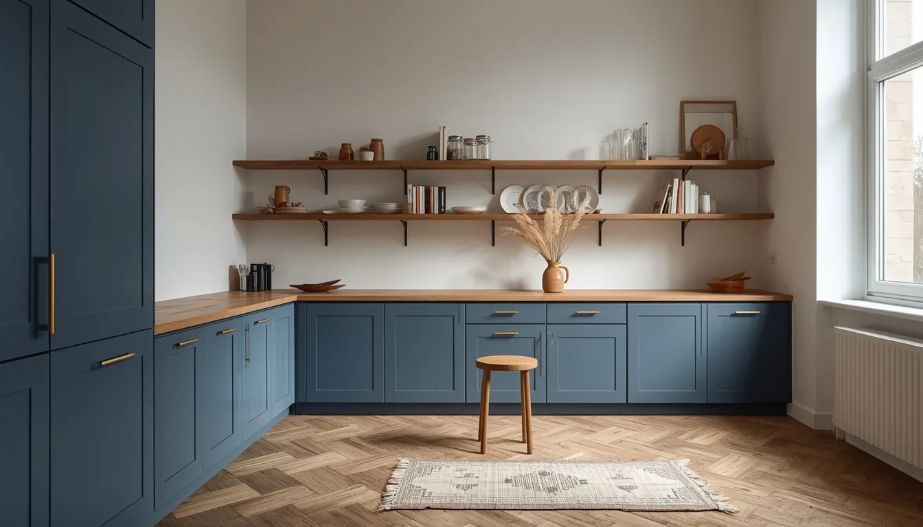 Blaue L-Küche im Altbau mit langen offenen Regalen