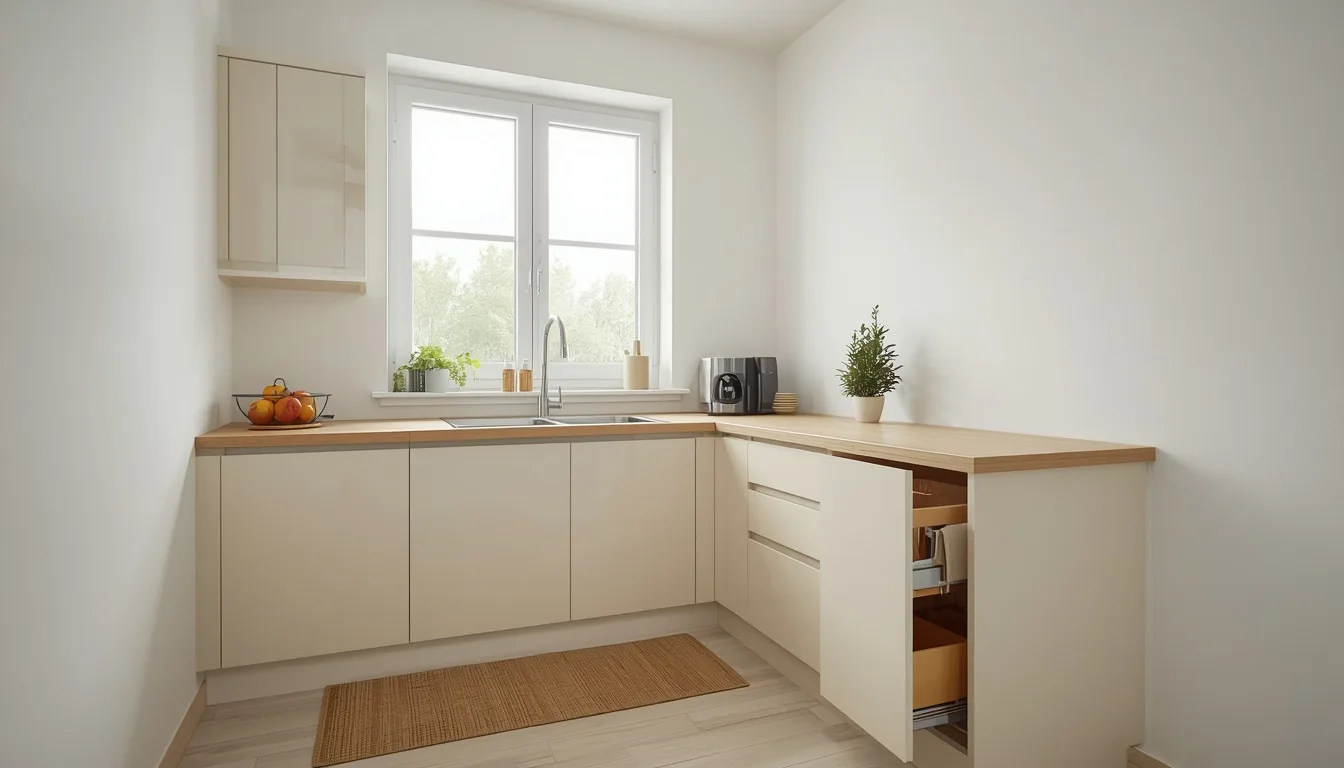 L-Küche mit Spüle unter dem Fenster und offenem Eckauszug