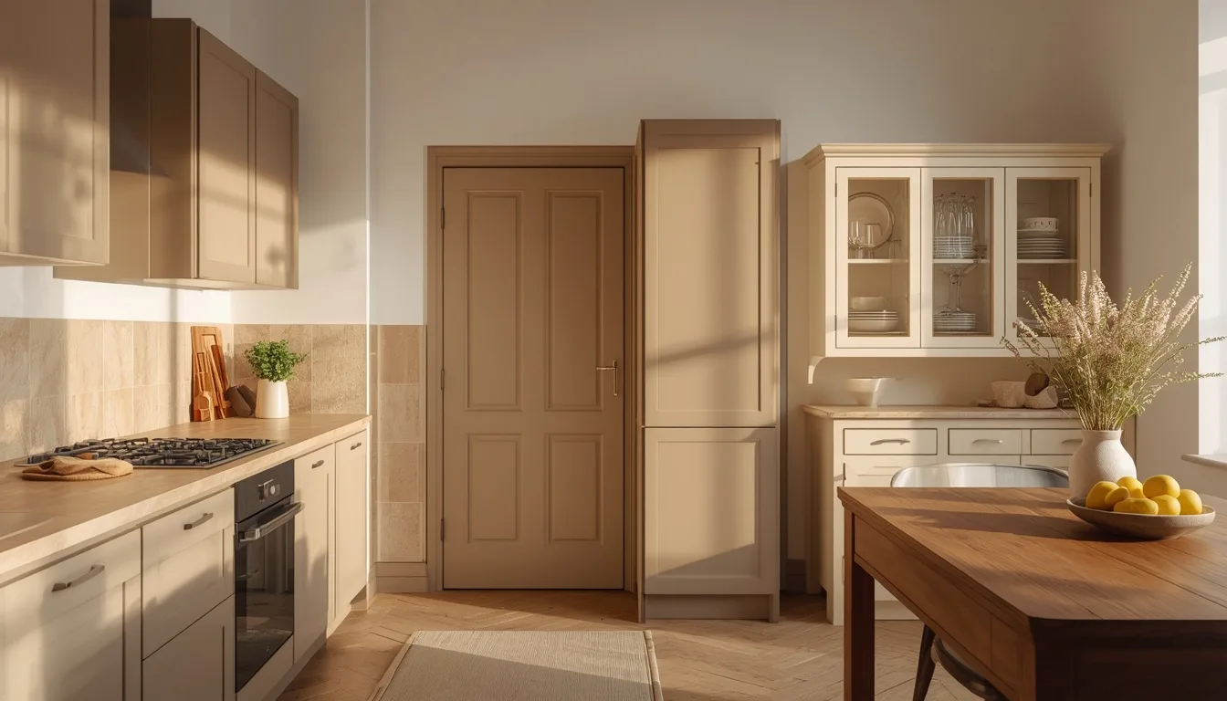 L-Küche mit Hochschrank und Vitrinenschrank